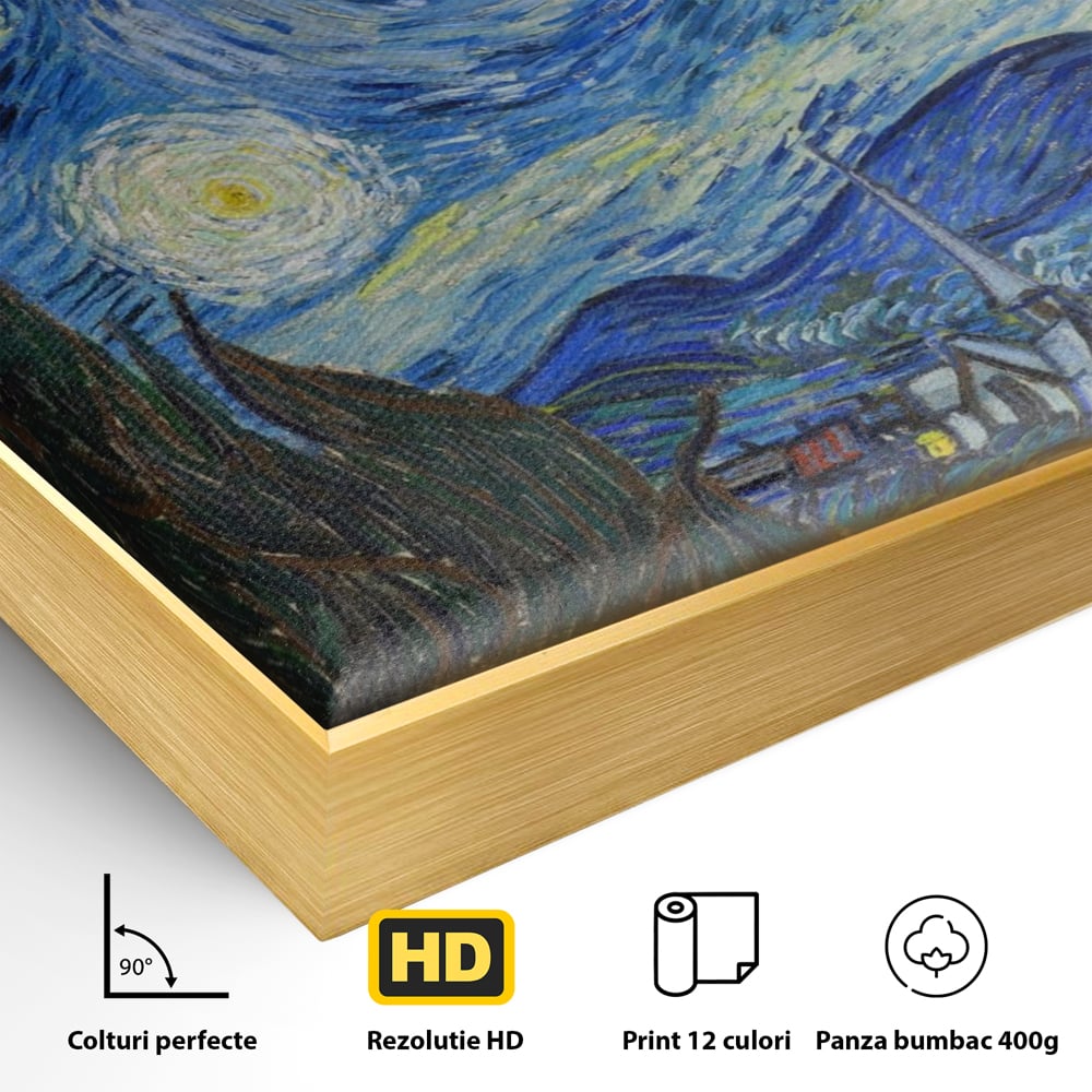 Detaliu al suprafetei: reproducere pictura noapte instelata van gogh, in rama de aluminiu auriu